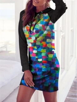 Women's Casual Dress Hoodie Dress Winter Dress Geometric Color Block Print Hooded Mini Dress Fashion Streetwear Outdoor Daily Long Sleeve Loose Fit Navy Blue Blue Rainbow Fall Winter S M L XL XXL