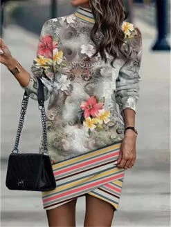 Women's Casual Dress Sweatshirt Dress Winter Dress Floral Plaid Ruched Print Turtleneck Mini Dress Fashion Streetwear Outdoor Daily Long Sleeve Loose Fit Yellow Red Green Fall Winter S M L XL XXL -Tesla Style bxtrsv1694594393151