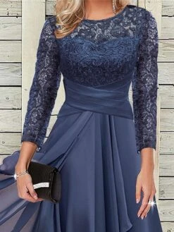 Women's Prom Dress Party Dress Lace Dress Midi Dress Navy Blue 3/4 Length Sleeve Pure Color Lace Spring Fall Winter Crew Neck Fashion Winter Dress Wedding Guest 2023 S M L XL XXL 3XL -Tesla Style byepmk1694671089317