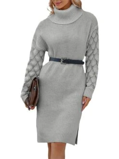 Women's Sweater Dress Winter Dress Jumper Dress Midi Dress Hollow Out Split Daily Date Going Out Active Fashion Turtleneck Long Sleeve 2023 Loose Fit Gray Color S M L XL Size -Tesla Style bymhus1692931420911