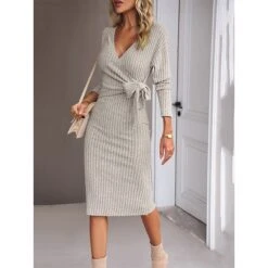 Women's Sweater Dress Winter Dress Jumper Dress Midi Dress Lace Up Daily Date Going Out Fashion Basic V Neck Long Sleeve 2023 Slim Green Dark Grey Beige Color S M L XL Size -Tesla Style byqjyg1690801837119