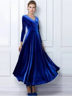 Women‘s Party Dress Wedding Guest Dress Velvet Dress Long Dress Maxi Dress Black Wine Royal Blue Long Sleeve Pure Color Ruched Fall Spring V Neck Fashion Party Winter Dress Evening Party 2023 S M L XL -Tesla Style byrkzp1675652751091