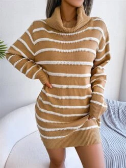 Women's Sweater Dress Jumper Dress Casual Dress Mini Dress Fashion Stripe Outdoor Daily Going Out Turtleneck Long Sleeve 2023 Loose Fit Black Khaki S M L -Tesla Style bysodt1694756406492