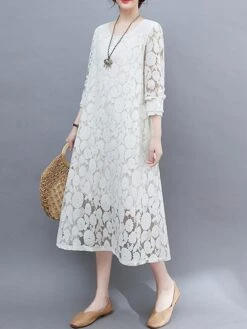 Women's Work Dress Lace Dress Black Dress Fashion Midi Dress Lace Pocket Crew Neck Long Sleeve Plain Loose Fit Black White Pink Fall M L XL XXL 3XL -Tesla Style byvcba1693281254075