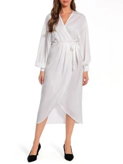 Women's Work Dress Satin Dress White Dress Fashion Midi Dress Lace Up V Neck Long Sleeve Plain Loose Fit White Fall Winter S M L XL XXL -Tesla Style byzhzu1693467049660