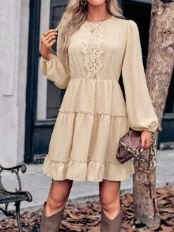 Women's Work Dress Casual Dress Fashion Winter Dress Daily Mini Dress Ruched Ruffle Crew Neck Long Sleeve Plain Loose Fit Brown Army Green Apricot Fall Winter S M L XL -Tesla Style bzanbv1695645254805