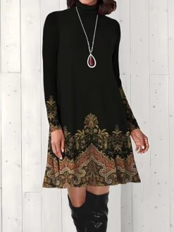 Women's Work Dress Casual Dress Mature Winter Dress Daily Mini Dress Print Turtleneck Long Sleeve Floral Tribal Regular Fit Yellow Red Blue Fall Winter S M L XL XXL -Tesla Style bztqwj1694426128097