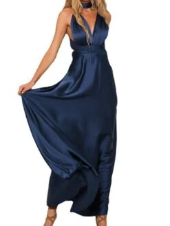 Women's Prom Dress Wedding Guest Dress Satin Dress Long Dress Maxi Dress Pink Navy Blue Green Sleeveless Pure Color Backless Summer Spring Fall V Neck Fashion Party Evening Party Wedding Guest 2023 -Tesla Style bzxfsf1662353714275