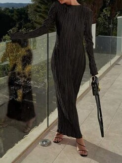 Women's Work Dress Sheath Dress Semi Formal Dress Fashion Daily Workfashion Long Dress Maxi Dress Ruched Pleated Crew Neck Long Sleeve Plain Slim Black Orange Fall Winter S M L -Tesla Style bzxulr1695645281611