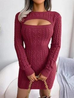 Women's Sweater Dress Winter Dress Jumper Dress Mini Dress Cut Out Daily Date Going Out Active Fashion Crew Neck Long Sleeve 2023 Slim Black Wine Blue Color S M L Size -Tesla Style cafwqa1692858722879