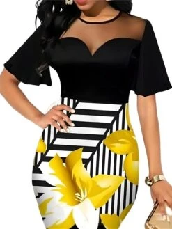 Women's Work Dress Sheath Dress Semi Formal Dress Fashion Midi Dress Lace Mesh Crew Neck Short Sleeve Floral Stripe Slim Yellow Summer Spring S M L XL XXL -Tesla Style cahshz1680088246897