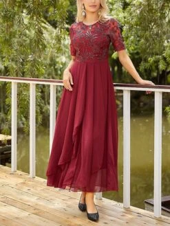 Women‘s Christmas Prom Dress Party Dress Sequin Dress Long Dress Maxi Dress Wine Half Sleeve Pure Color Sparkly Glitter Sequins Fall Winter Autumn Crew Neck Fashion Wedding Guest Evening Party -Tesla Style caitko1692946819172