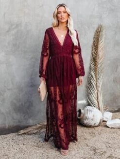 Women's Party Dress Lace Dress White Dress Long Dress Maxi Dress Black Red Wine White Long Sleeve Pure Color Mesh Winter Fall Spring V Neck Romantic Wedding Party Winter Dress 2023 S M L XL XXL -Tesla Style cakkgo1621933276505