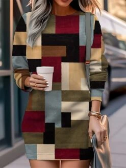 Women's Casual Dress Sweatshirt Dress Mini Dress Warm Fashion Outdoor Holiday Vacation Crew Neck Print Geometric Loose Fit Yellow Burgundy Blue S M L XL XXL -Tesla Style calktb1694590808072