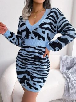 Women's Sweater Dress Jumper Dress Casual Dress Mini Dress Fashion Stripe Outdoor Daily Going Out V Neck Long Sleeve 2023 Loose Fit Blue Khaki Gray S M L -Tesla Style careue1695030480045