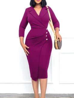Women's Work Dress Blazer Dress Black Dress Fashion Midi Dress Ruched Button Lapel 3/4 Length Sleeve Plain Regular Fit Black Red Blue Fall Winter S M L XL XXL -Tesla Style carrxj1692089883612