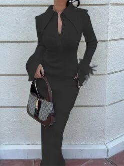 Women‘s Sweater Dress Winter Dress Party Dress Wedding Guest Dress Maxi Dress Fashion Pure Color Formal Evening Party Holiday Shirt Collar Long Sleeve Feather 2023 Regular Fit Black Beige -Tesla Style cawfxl1678849986649