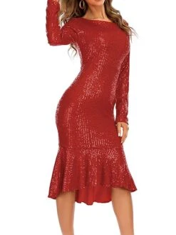 Women‘s Party Dress Sequin Dress Wedding Guest Dress Midi Dress Wine Long Sleeve Pure Color Sparkly Glitter Sequins Spring Fall Winter Crew Neck Fashion Winter Dress Wedding Guest Evening Party -Tesla Style cayonq1692786616331