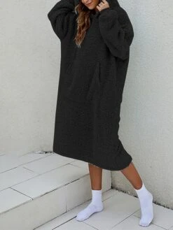 Women's Casual Dress Hoodie Dress Midi Dress Active Fashion Outdoor Home Holiday V Neck Pocket Solid Color Loose Fit Pink Burgundy Royal Blue M -Tesla Style cazvdp1692588263781