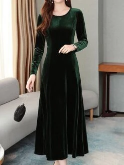 Women's Green Velvet Dress Maxi Long Dress Black Wine Blue Long Sleeve Solid Color Ruched Fall Winter Crew Neck Party Stylish Elegant Party -Tesla Style cbaksr1637316072986