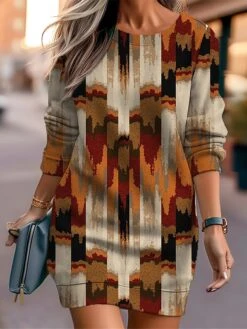 Women's Casual Dress Sweatshirt Dress Mini Dress Warm Fashion Outdoor Vacation Going Out Crew Neck Print Floral Geometric Loose Fit Black Rusty Red Blue S M L XL XXL -Tesla Style cbkoaq1694661948977