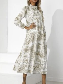 Women's Work Dress Swing Dress Semi Formal Dress Fashion Midi Dress Print Stand Collar Long Sleeve Floral Loose Fit Red Blue Green Fall S M L XL XXL -Tesla Style cbldge1693300596528