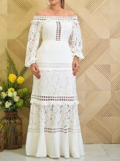 Women's Party Dress Lace Dress Sheath Dress Long Dress Maxi Dress White Long Sleeve Pure Color Hollow Out Winter Fall Spring Off Shoulder Mature Winter Dress Birthday Evening Party 2023 S M L XL XXL -Tesla Style cbtgay1656561359415