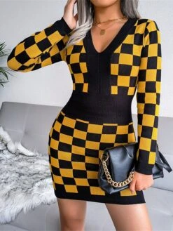 Women's Sweater Dress Jumper Dress Casual Dress Mini Dress Fashion Plaid Outdoor Daily Vacation Going Out V Neck Long Sleeve 2023 Loose Fit Black Yellow Wine One Size -Tesla Style cbvmrv1694756664942