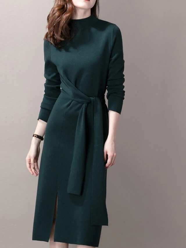 Women‘s Sweater Dress Winter Dress Midi Dress Green Camel Red Long Sleeve Pure Color Lace Up Split Winter Fall Turtleneck Casual One-Size 5 Women‘s Sweater Dress Winter Dress Midi Dress Green Camel Red Long Sleeve Pure Color Lace Up Split Winter Fall Turtleneck Casual One-Size - Image 3