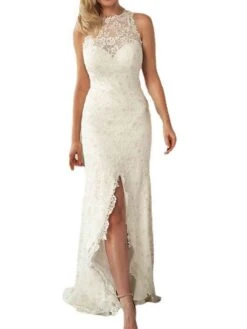 Women‘s Party Dress Wedding Guest Dress Lace Dress Sheath Dress Long Dress Maxi Dress White Sleeveless Pure Color Lace Spring Summer Crew Neck Fashion Party Spring Dress Slim 2023 S M L XL -Tesla Style ccazrq1657089349355