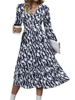 Women's Work Dress Casual Dress Swing Dress Fashion Office Daily Workfashion Midi Dress Ruched Print V Neck Long Sleeve Print Loose Fit Blue Fall Winter S M L XL -Tesla Style ccdvrt1695096215718