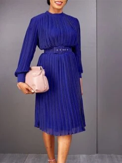 Women's Work Dress Casual Dress Black Dress Fashion Office Daily Workfashion Midi Dress Lace Up Pleated Crew Neck Long Sleeve Plain Regular Fit Black White Red Fall Winter S M L XL XXL -Tesla Style ccfmwz1695645185952