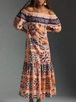 Women's Work Dress Casual Dress Swing Dress Fashion Winter Dress Daily Long Dress Maxi Dress Ruched Print Off Shoulder Long Sleeve Floral Loose Fit Pink Fall Winter S M L XL XXL -Tesla Style ccljnh1695645281028