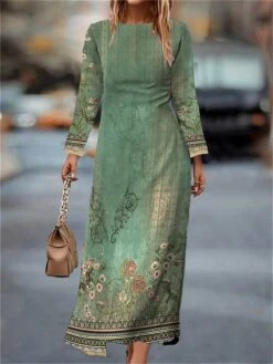 Women's Work Dress Casual Dress Semi Formal Dress Fashion Winter Dress Daily Midi Dress Print Crew Neck Long Sleeve Floral Slim Green Fall Winter S M L XL XXL