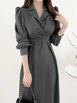 Women's Work Dress Semi Formal Dress A Line Dress Fashion Office Daily Workfashion Midi Dress Ruched Button Shirt Collar Long Sleeve Plain Loose Fit Black Army Green Gray Fall Winter S M L XL -Tesla Style ccremr1695805365412