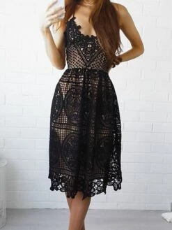 Women's Party Dress Lace Dress White Dress Midi Dress Black White Sleeveless Pure Color Lace Spring Summer V Neck Party S M L XL -Tesla Style ccywim1632569108682