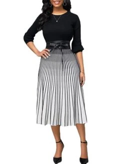 Women's A Line Dress Modern Dress Church Dress Midi Dress Black Long Sleeve Striped Patchwork Summer Spring Crew Neck Elegant Winter Dress Fall Dress 2023 S M L XL 2XL 3XL 4XL 5XL -Tesla Style cdfimq1661924814762