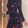 Women‘s Party Dress Sequin Dress Homecoming Dress Mini Dress Silver Colorful Black Long Sleeve Pure Color Sparkly Glitter Sequins Spring Fall Winter Crew Neck Fashion Winter Dress Wedding Guest -Tesla Style cdmfgr1692340311209