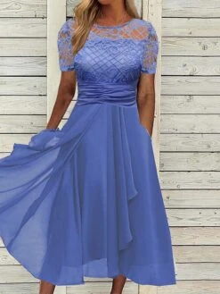 Women's Party Dress Lace Dress Cocktail Dress Midi Dress Blue Short Sleeve Pure Color Lace Summer Spring Fall Crew Neck Party Wedding Guest Vacation Summer Dress 2023 S M L XL 2XL 3XL