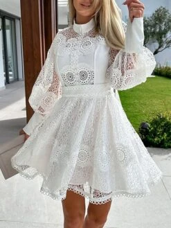 Women's Party Dress Lace Dress Homecoming Dress Mini Dress Black White Long Sleeve Pure Color Lace Summer Spring Fall Stand Collar Fashion Wedding Guest Birthday Vacation Slim 2023 S M L XL