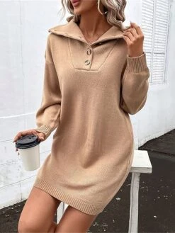 Women's Sweater Dress Jumper Dress Casual Dress Mini Dress Warm Pure Color Outdoor Casual Daily Going Out Lapel Long Sleeve Button 2023 Loose Fit Khaki S M L -Tesla Style cdxmar1695106684817