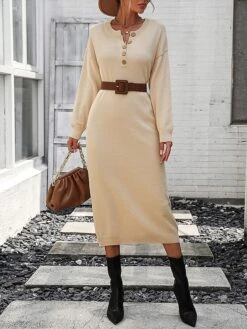 Women's Sweater Dress Winter Dress Jumper Dress Midi Dress Button Daily Date Going Out Fashion Basic Crew Neck Long Sleeve 2023 Loose Fit Black White Purple Color S M L XL Size -Tesla Style cedyhq1691991579863