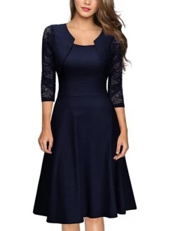 Women's Casual Dress Swing Dress Green Dress Midi Dress Wine Green 3/4 Length Sleeve Pure Color Lace Summer Spring Square Neck Party Slim 2023 S M L XL XXL -Tesla Style cffnjc1605493898107