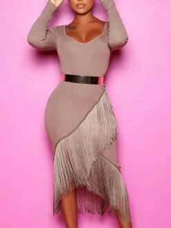 Women‘s Party Dress Wedding Guest Dress Fringe Dress Bodycon Midi Dress Black White Red Long Sleeve Pure Color Tassel Fringe Spring Fall Winter V Neck Fashion Winter Dress Vacation 2022 S M L XL XXL -Tesla Style cfjyzw1640250278108