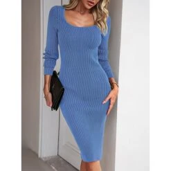 Women's Sweater Dress Winter Dress Jumper Dress Midi Dress Split Daily Date Going Out Active Fashion Crew Neck Long Sleeve 2023 Slim Black Blue Green Color S M L XL Size -Tesla Style cfkilc1692353017541