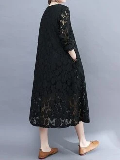 Women's Work Dress Lace Dress Black Dress Fashion Midi Dress Lace Pocket Crew Neck Long Sleeve Plain Loose Fit Black White Pink Fall M L XL XXL 3XL -Tesla Style cflcch1693281256861