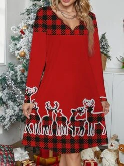 Women's Work Dress Casual Dress Fashion Winter Dress Christmas Daily Mini Dress Print V Neck Long Sleeve Plaid Elk Regular Fit White Wine Red Fall Winter S M L XL XXL -Tesla Style cgkwvg1695887720445