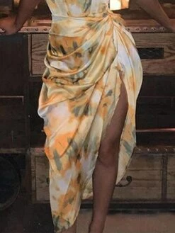 Women‘s Party Dress Holiday Dress Strap Dress Midi Dress Yellow Sleeveless Abstract Ruched Spring Summer Cold Shoulder Elegant Party 2023 S M L XL XXL XXXL -Tesla Style cgsqpv1635748465594