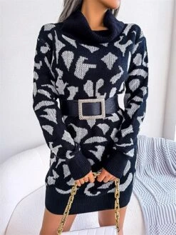 Women's Sweater Dress Jumper Dress Casual Dress Mini Dress Fashion Leopard Outdoor Daily Going Out Turtleneck Long Sleeve 2023 Loose Fit Black Wine Khaki S M L -Tesla Style chdmcg1694756297108