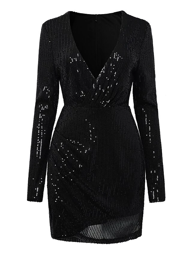 Women‘s Formal Party Dress Sequin Dress Holiday Dress Mini Dress Black Gold Long Sleeve Pure Color Sequins Winter Fall Spring V Neck Fashion Winter Dress Birthday 2023 S M L XL XXL 4 Women‘s Formal Party Dress Sequin Dress Holiday Dress Mini Dress Black Gold Long Sleeve Pure Color Sequins Winter Fall Spring V Neck Fashion Winter Dress Birthday 2023 S M L XL XXL - Image 2
